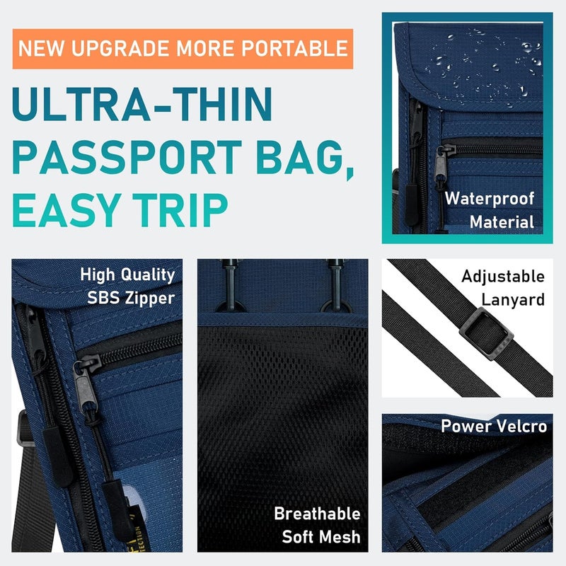 Sundee Travel Neck Wallet with Double Zippers, RFID Blocking Passport Holder with Adjustable Neck Strap for Men and Women to Keep Cash, Credit Cards and Travel Documents Safe - Navy Blue - Image 3